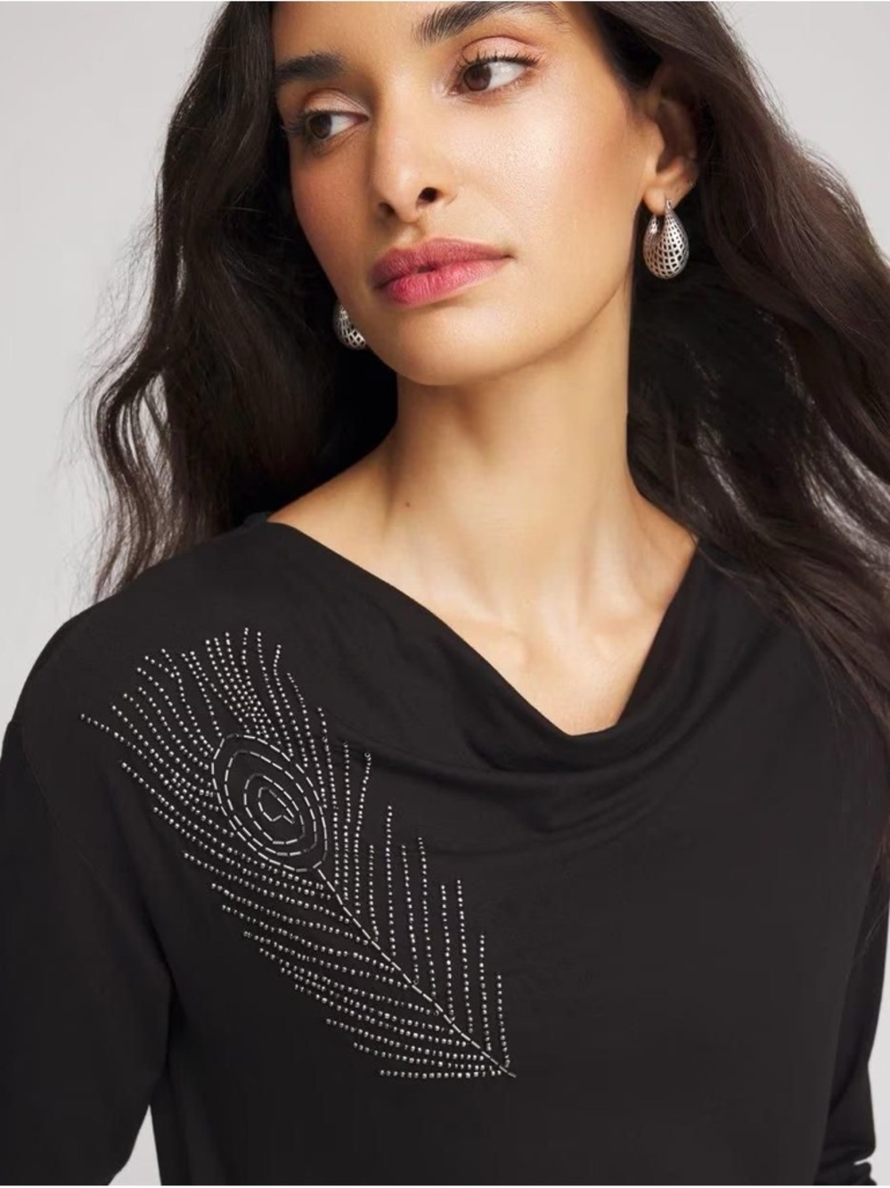 Chico's Black Cowl Neck Dolman Top with Beaded Peacock Feather Embellishment - Picture 4 of 7